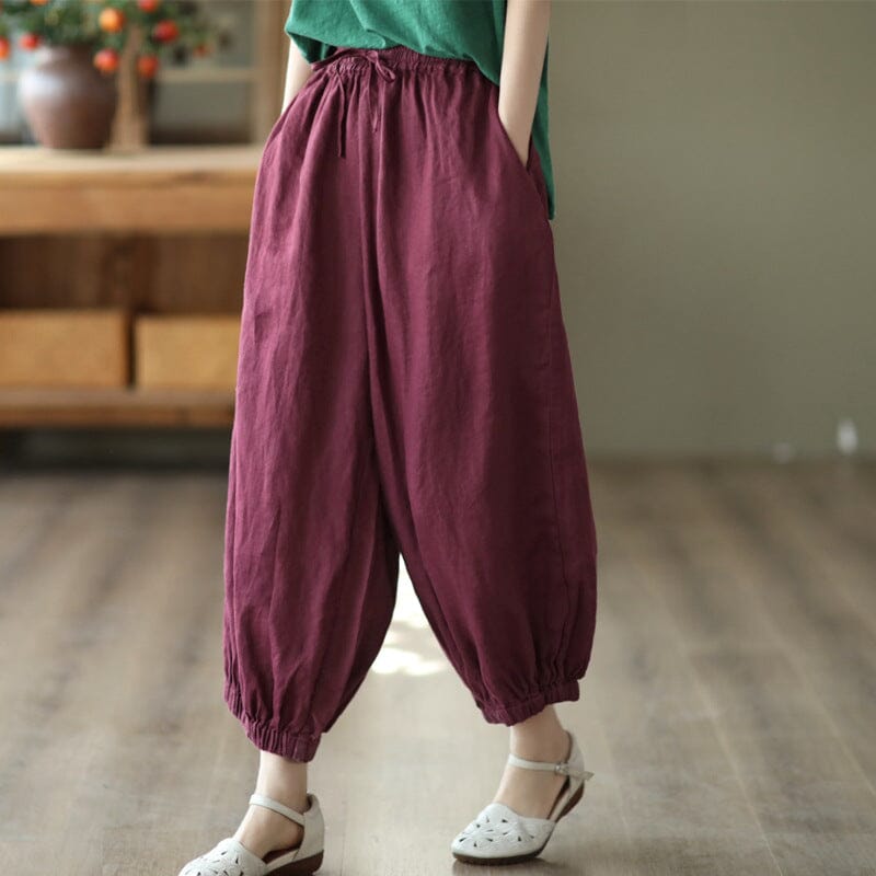 Women Retro Loose Solid Linen Harem Pants Feb 2023 New Arrival Wine Red One Size 