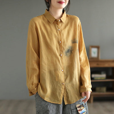Women Retro Loose Spring Cotton Linen Blouse Mar 2023 New Arrival One Size Yellow 