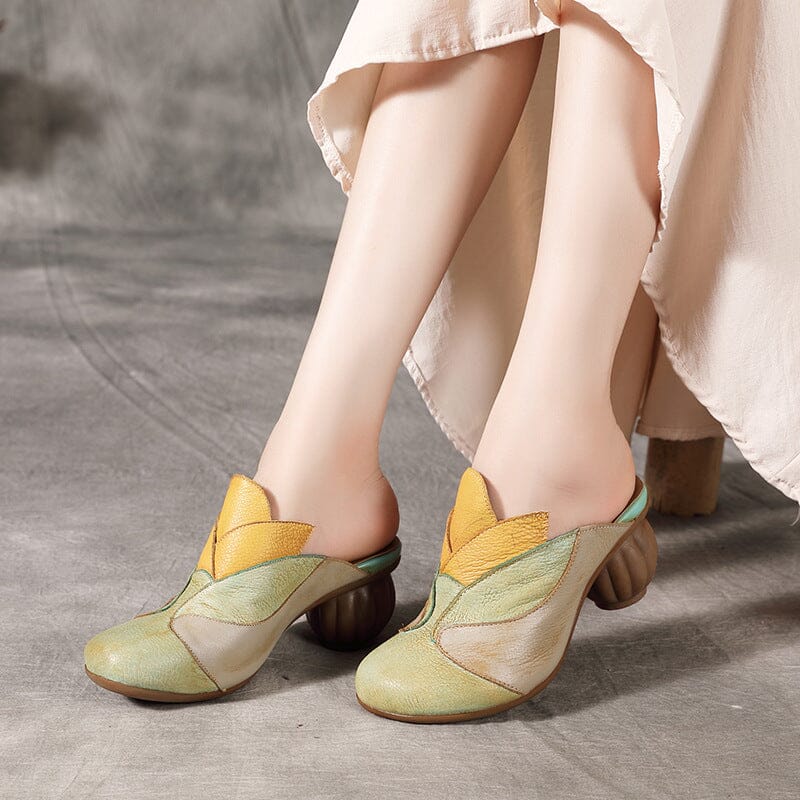 Women Retro Patchwork Leather Chunky Heel Sandals