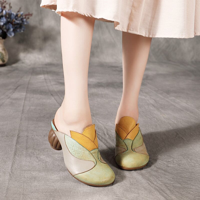 Women Retro Patchwork Leather Chunky Heel Sandals Aug 2023 New Arrival 
