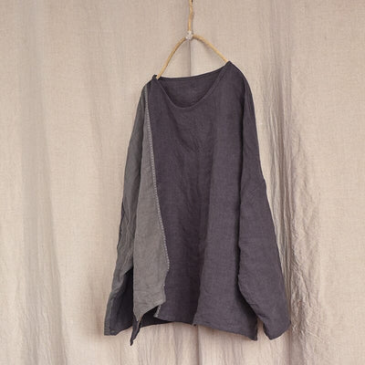 Women Retro Patchwork Loose Linen Sweater