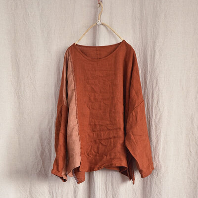 Women Retro Patchwork Loose Linen Sweater