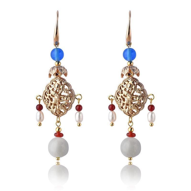 Women Retro Pearl Ethnic Diamond Earrings Jewelry 
