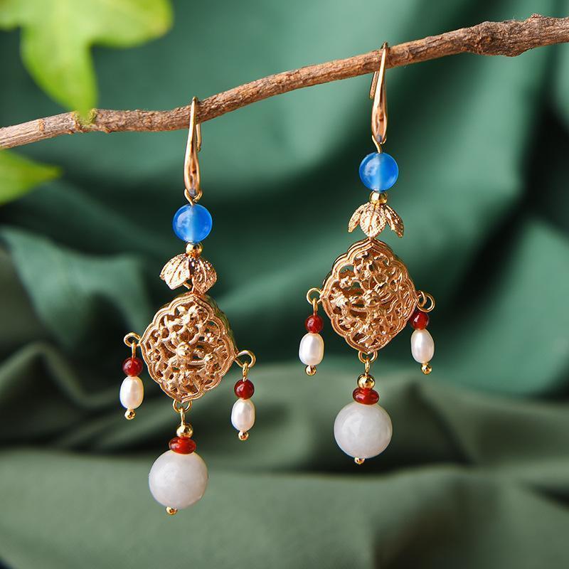 Women Retro Pearl Ethnic Diamond Earrings Jewelry 