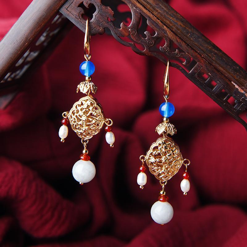 Women Retro Pearl Ethnic Diamond Earrings Jewelry One Size As Picture 