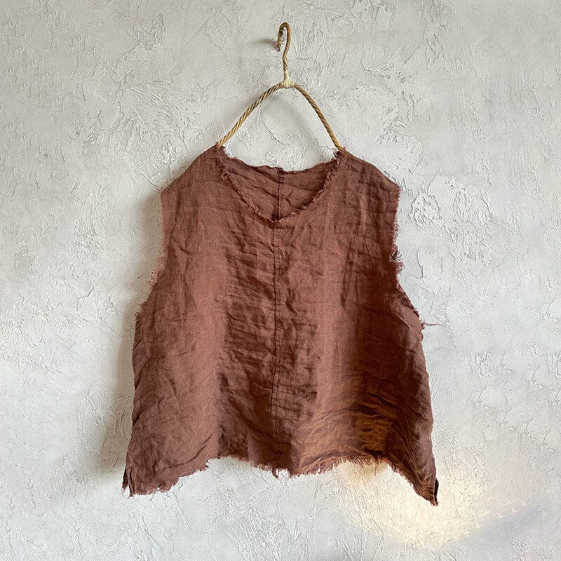 Women Retro Pleated Linen Loose Vest Oct 2023 New Arrival Coffee One Size 