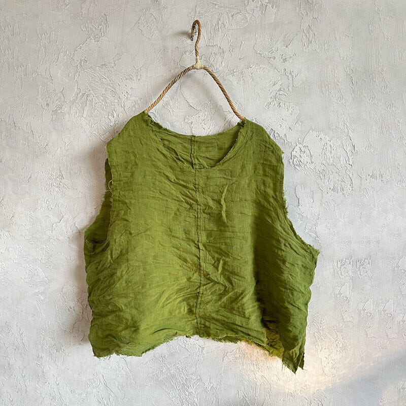 Women Retro Pleated Linen Loose Vest Oct 2023 New Arrival Green One Size 