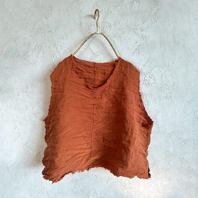 Women Retro Pleated Linen Loose Vest Oct 2023 New Arrival Orange One Size 