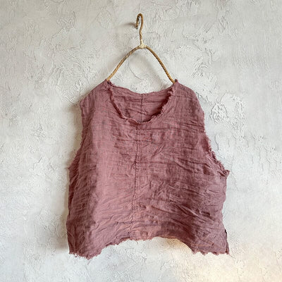 Women Retro Pleated Linen Loose Vest Oct 2023 New Arrival Pink One Size 