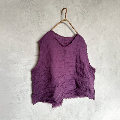 Women Retro Pleated Linen Loose Vest Oct 2023 New Arrival Purple One Size 