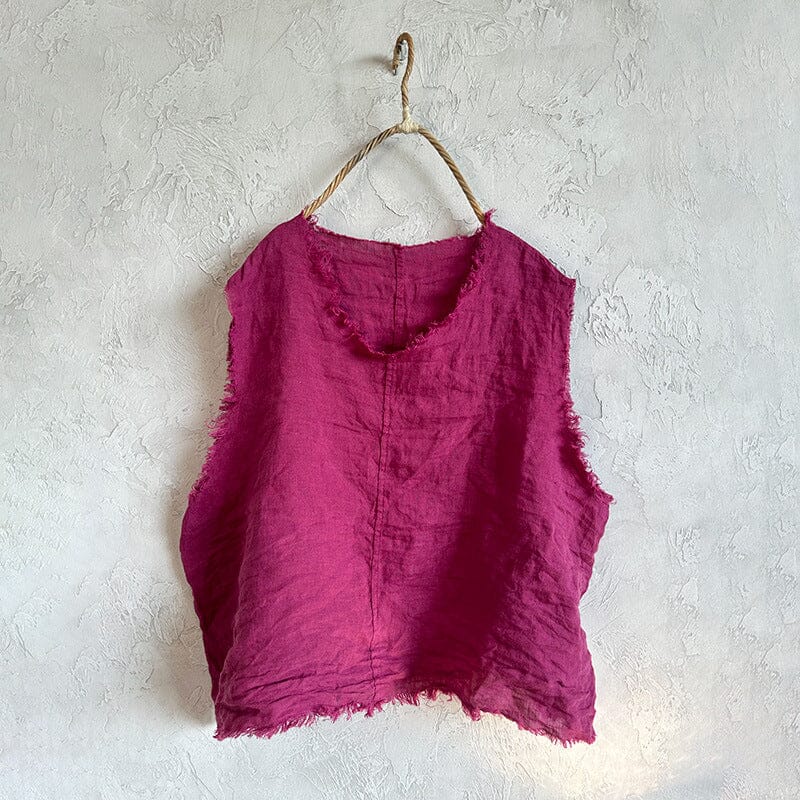 Women Retro Pleated Linen Loose Vest Oct 2023 New Arrival Rose Red One Size 