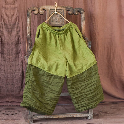 Women Retro Pleated Loose Linen Patchwork Pants Jun 2023 New Arrival Green One Size 