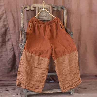 Women Retro Pleated Loose Linen Patchwork Pants Jun 2023 New Arrival Orange One Size 