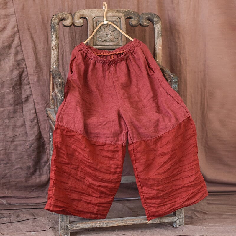 Women Retro Pleated Loose Linen Patchwork Pants Jun 2023 New Arrival Red One Size 