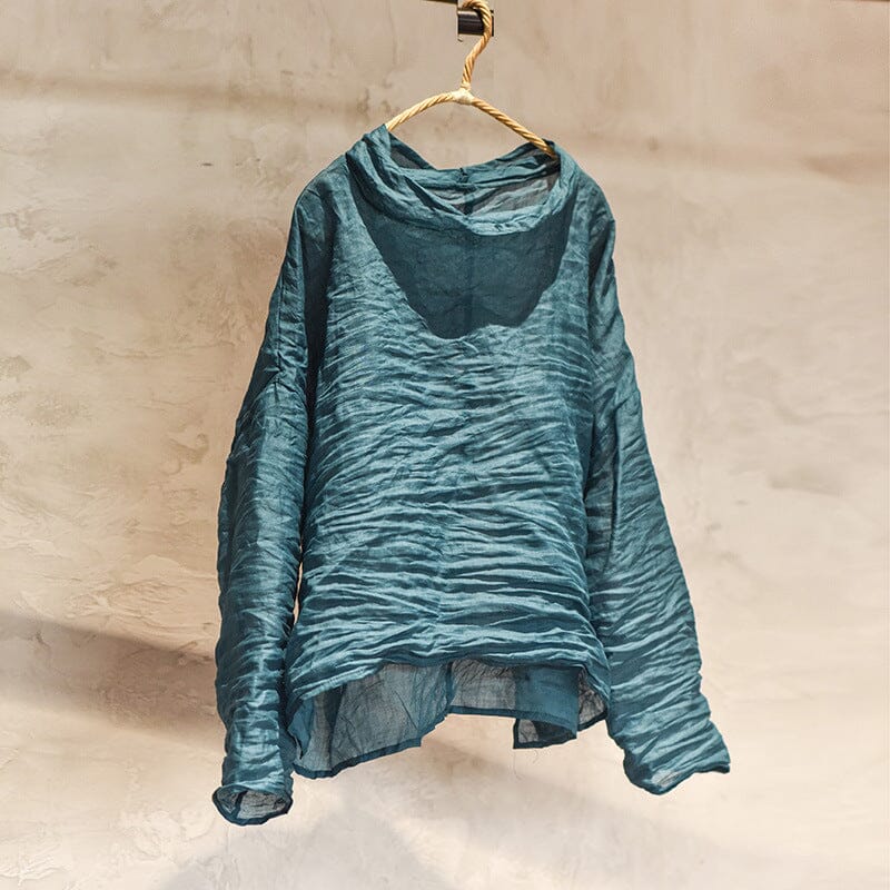 Women Retro Pleated Solid Linen Autumn T-Shirt Aug 2023 New Arrival Blue One Size 