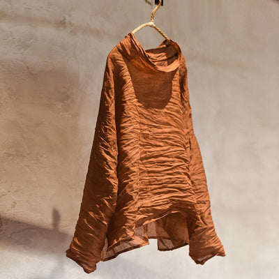 Women Retro Pleated Solid Linen Autumn T-Shirt