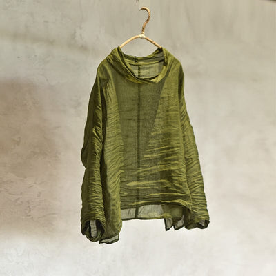 Women Retro Pleated Solid Linen Autumn T-Shirt Aug 2023 New Arrival Green One Size 