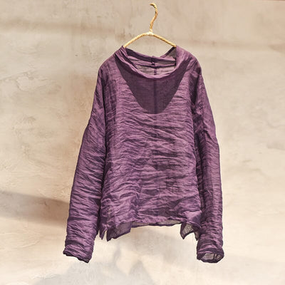 Women Retro Pleated Solid Linen Autumn T-Shirt Aug 2023 New Arrival Purple One Size 