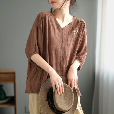 Women Retro Pleated Summer Half Sleeve Linen T-Shirt Mar 2023 New Arrival One Size Brown 