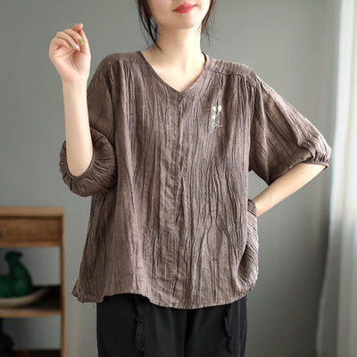 Women Retro Pleated Summer Half Sleeve Linen T-Shirt Mar 2023 New Arrival One Size Coffee 