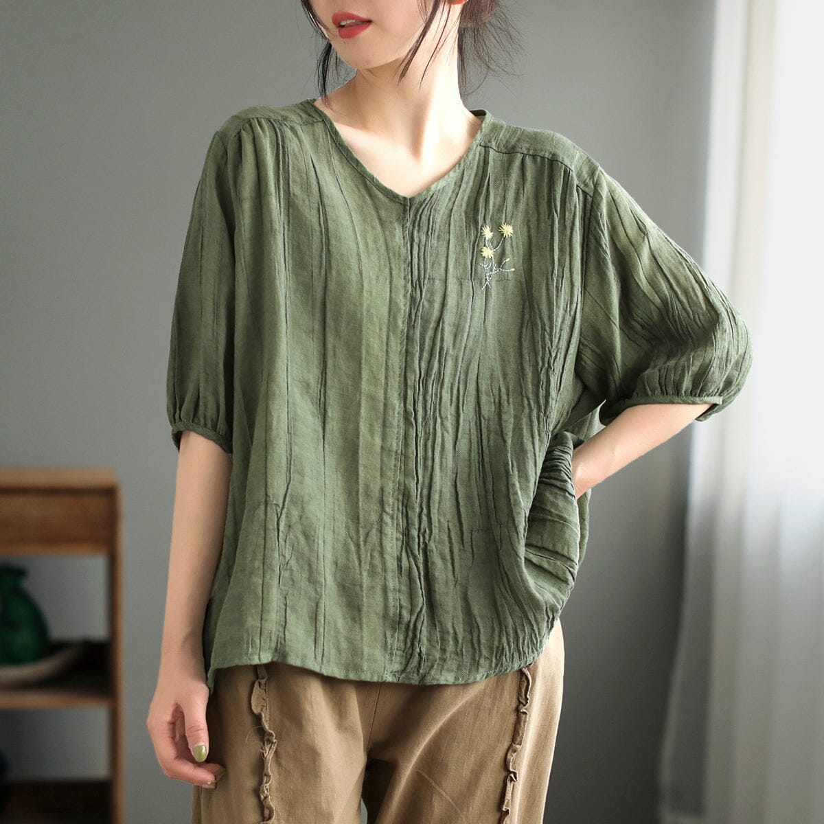 Women Retro Pleated Summer Half Sleeve Linen T-Shirt Mar 2023 New Arrival One Size Green 
