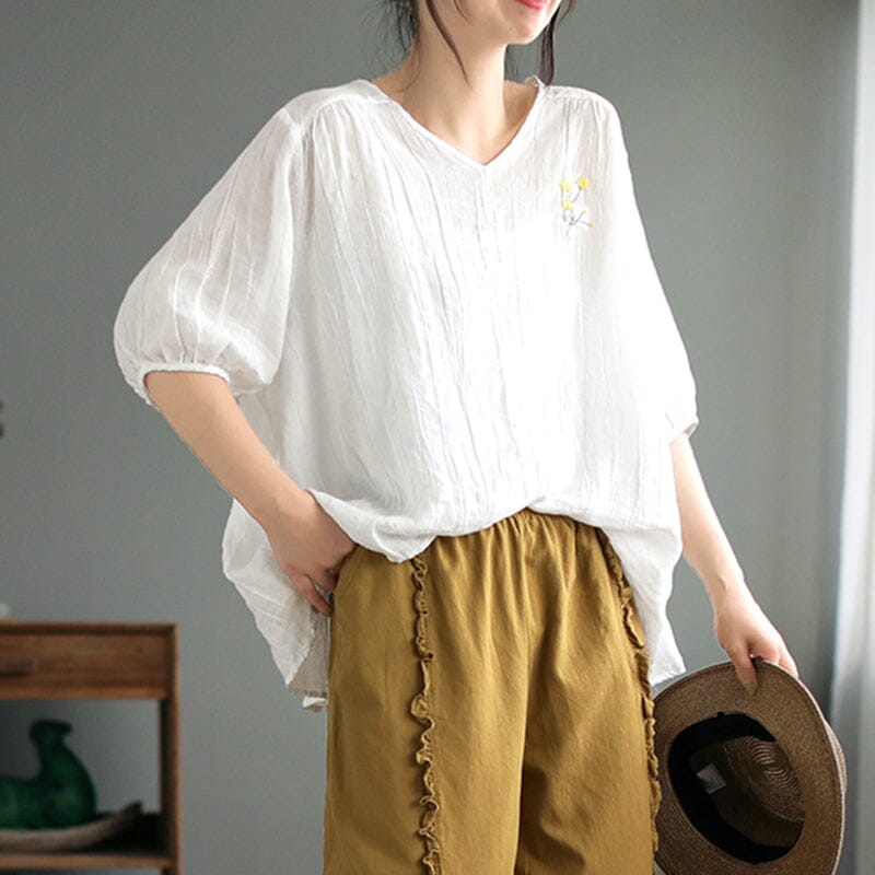 Women Retro Pleated Summer Half Sleeve Linen T-Shirt Mar 2023 New Arrival One Size White 
