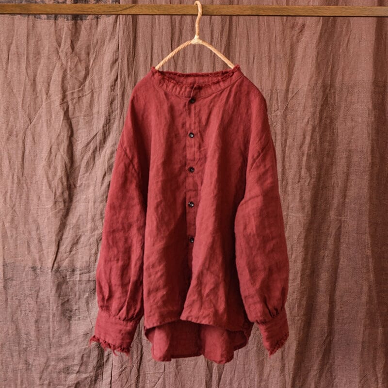 Women Retro Pleated Trim Loose Linen Blouse Dec 2022 New Arrival Red One Size 