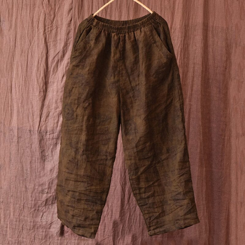 Women Retro Print Casual Loose Linen Pants Dec 2022 New Arrival Brown One Size 