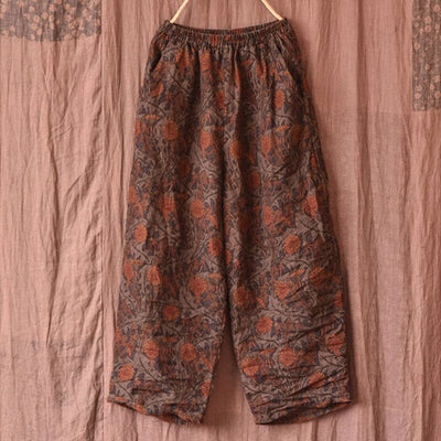 Women Retro Print Casual Loose Linen Pants Dec 2022 New Arrival Coffee One Size 