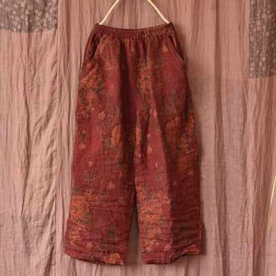 Women Retro Print Casual Loose Linen Pants