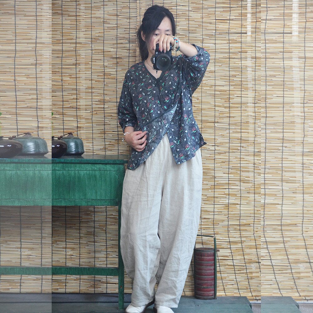 Women Spring Autumn Retro Printed Loose Linen Blouse