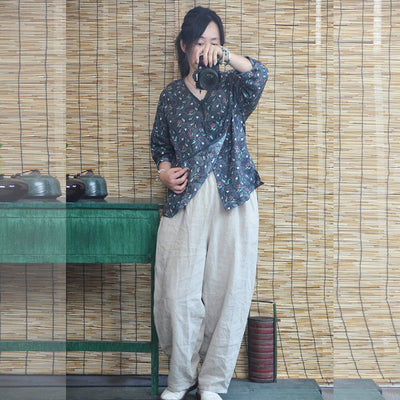 Women Spring Autumn Retro Printed Loose Linen Blouse