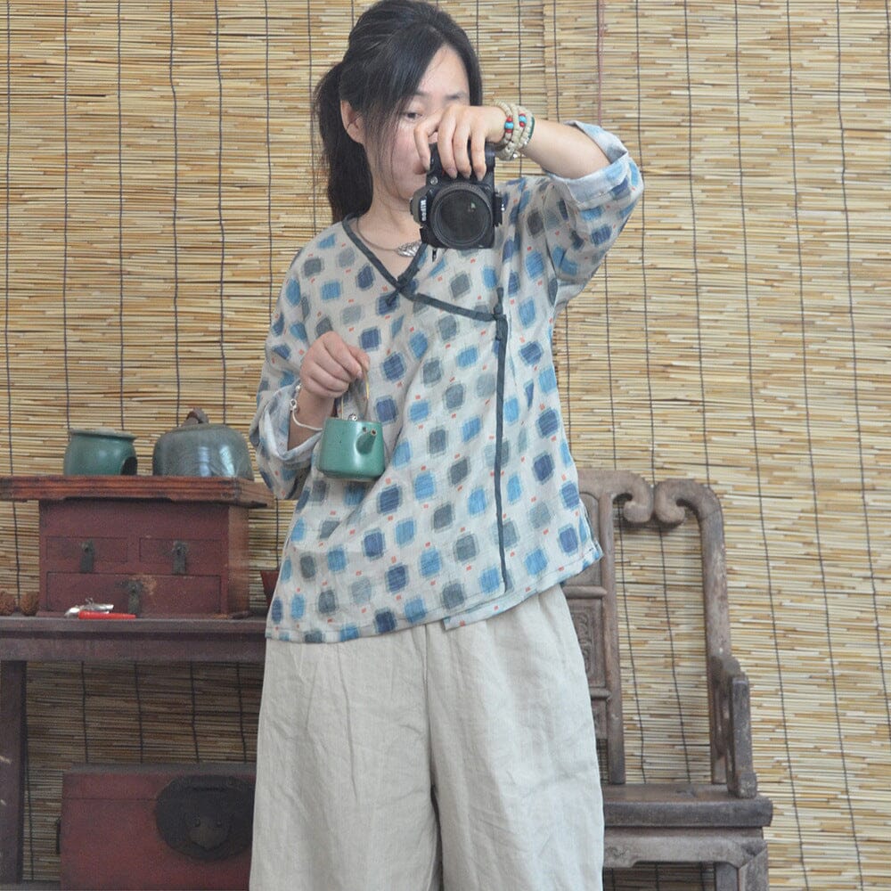 Women Spring Autumn Retro Printed Loose Linen Blouse