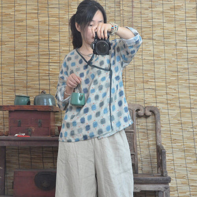 Women Spring Autumn Retro Printed Loose Linen Blouse