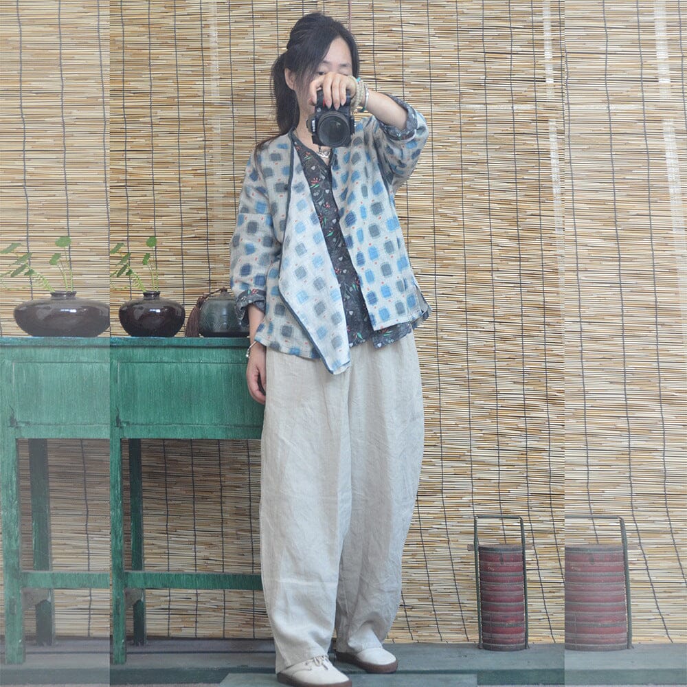 Women Spring Autumn Retro Printed Loose Linen Blouse