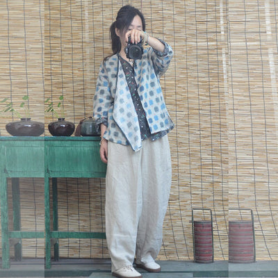 Women Spring Autumn Retro Printed Loose Linen Blouse