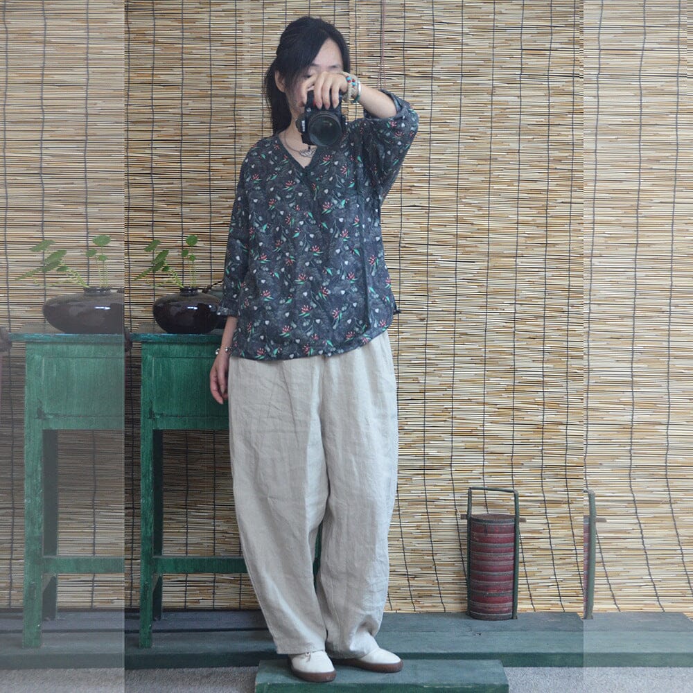 Women Spring Autumn Retro Printed Loose Linen Blouse