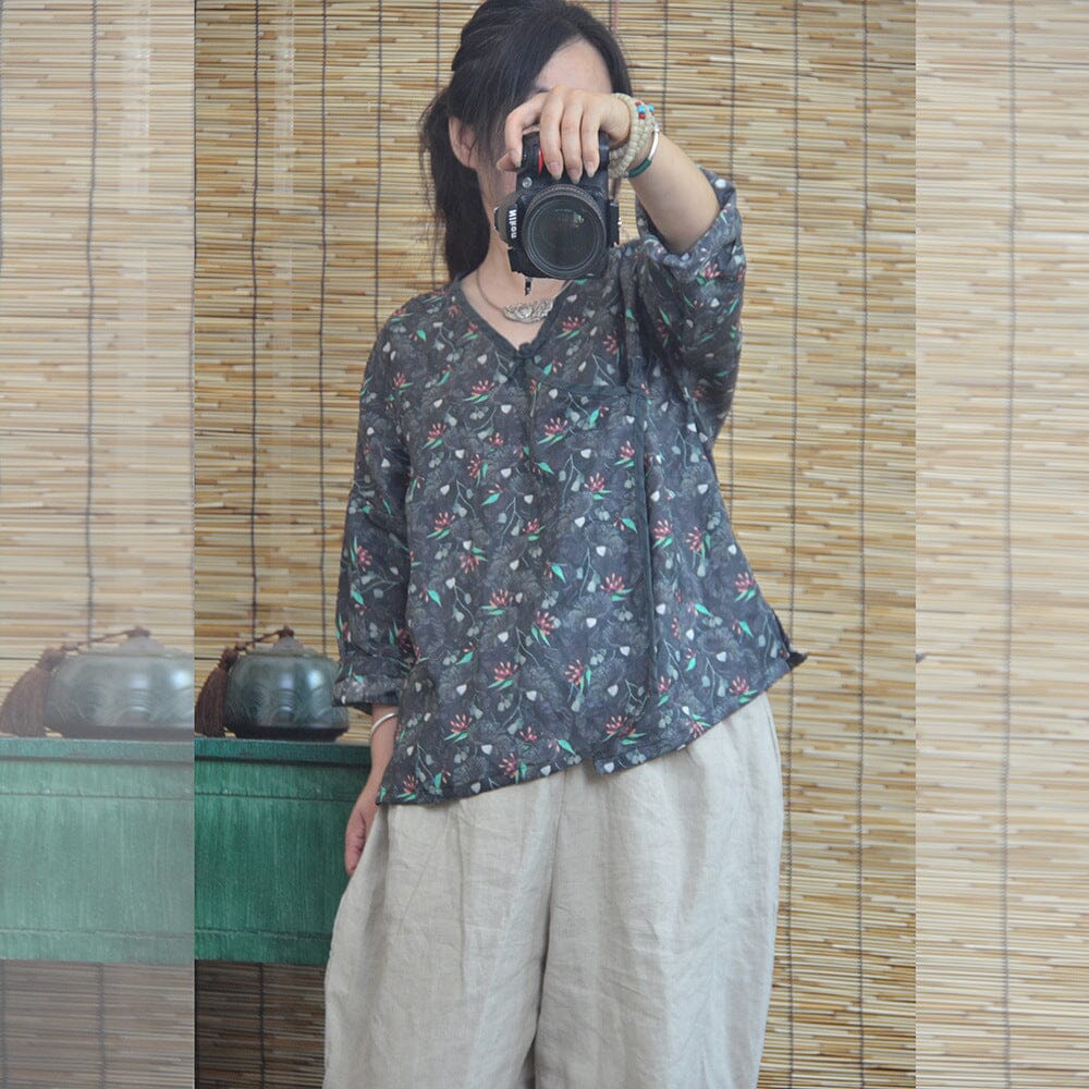 Women Spring Autumn Retro Printed Loose Linen Blouse