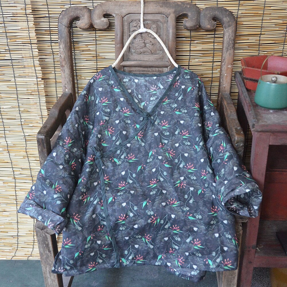 Women Spring Autumn Retro Printed Loose Linen Blouse