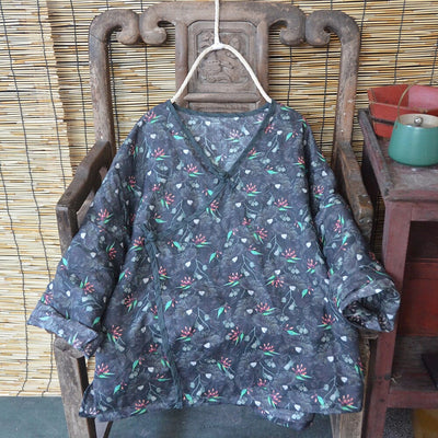 Women Spring Autumn Retro Printed Loose Linen Blouse