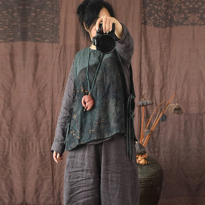 Women Retro Print Patchwork Linen Waistcoat Aug 2023 New Arrival Green One Size 