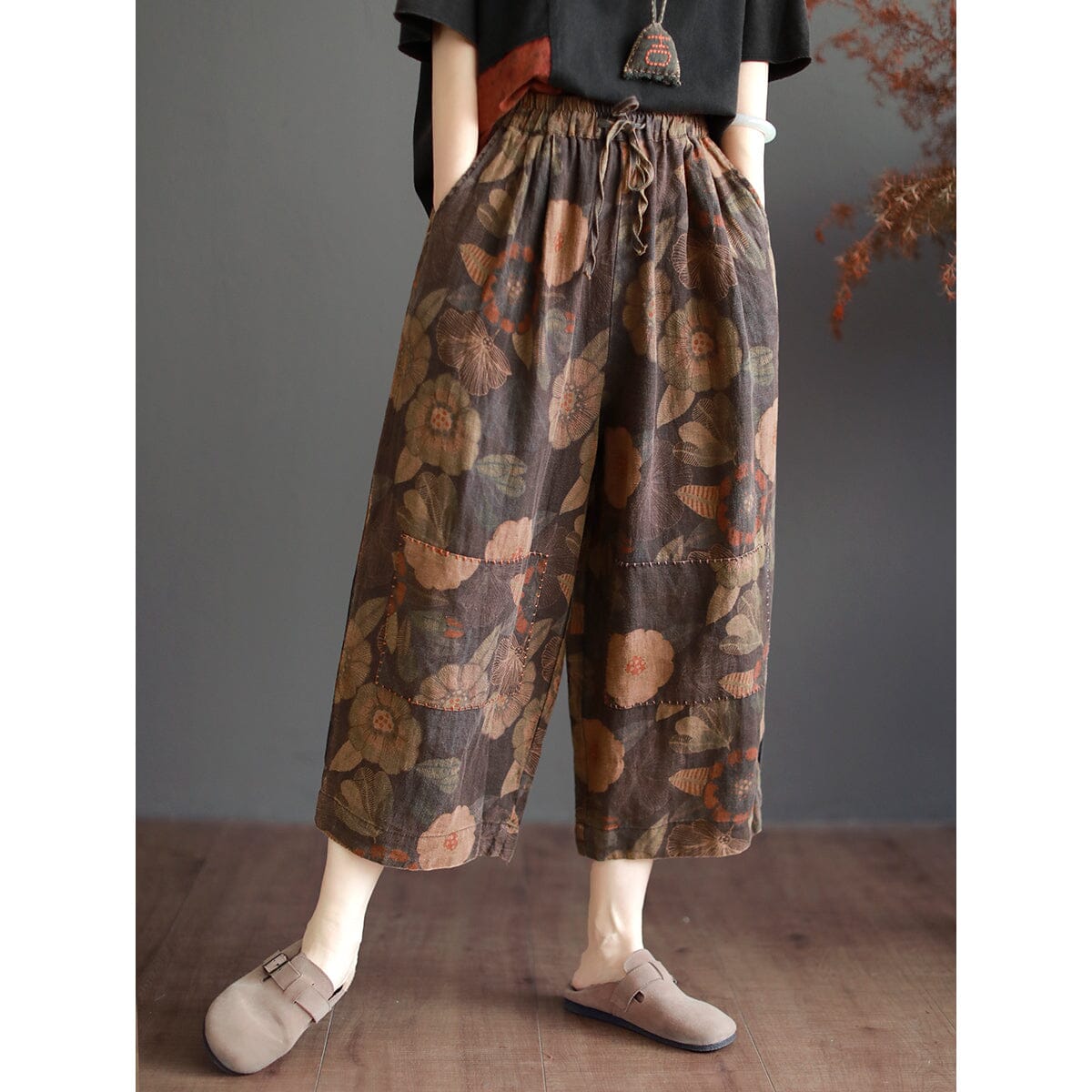 Women Retro Print Summer Thin Linen Pants Aug 2023 New Arrival One Size Coffee 