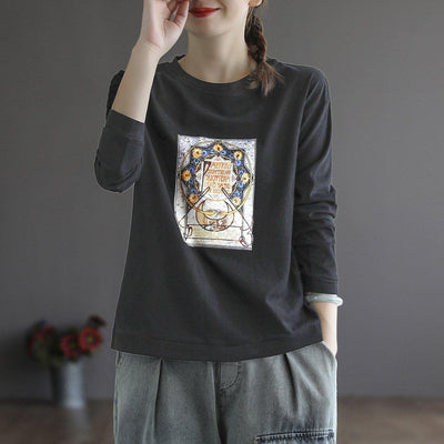 Women Retro Printed Long Sleeve Loose Cotton T-Shirt July 2021 New-Arrival Black 