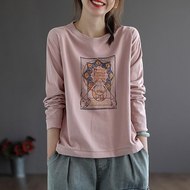 Women Retro Printed Long Sleeve Loose Cotton T-Shirt July 2021 New-Arrival Pink 