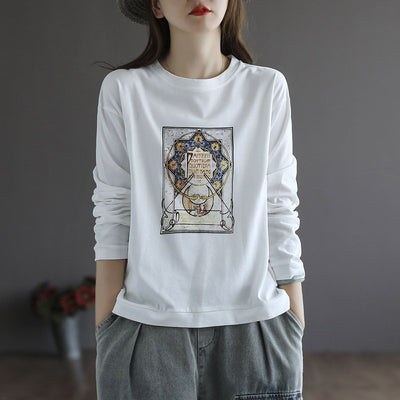 Women Retro Printed Long Sleeve Loose Cotton T-Shirt July 2021 New-Arrival White 
