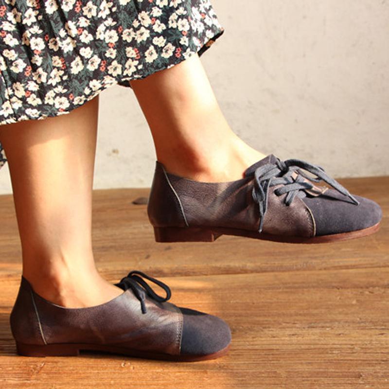Women Retro Sewing Lace Up Paneled Casual Flat Shoes