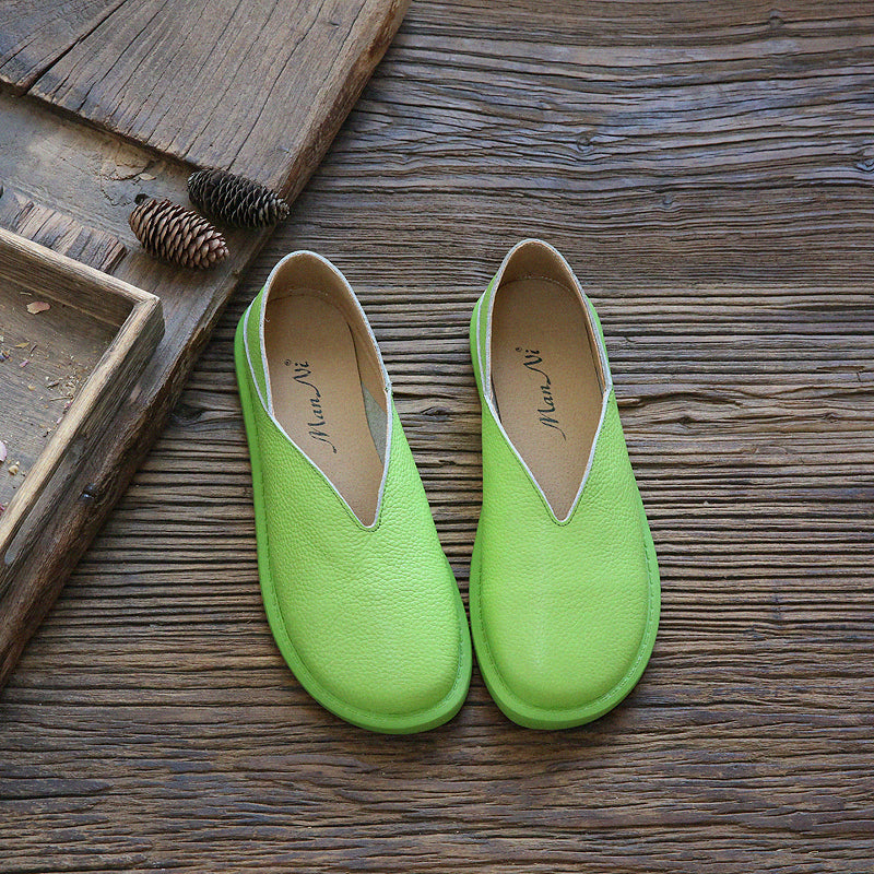 Women Retro Soft Leather Round Head Loafers Jul 2022 New Arrival 35 Green 