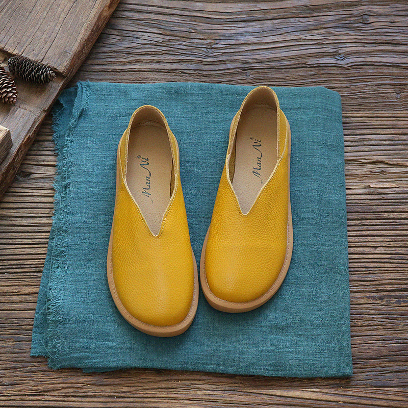 Women Retro Soft Leather Round Head Loafers Jul 2022 New Arrival 35 Yellow 