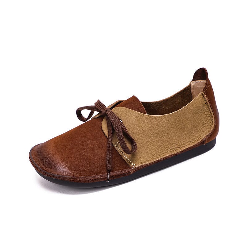 Women Retro Soft Patchwork Leather Flat Casual Shoes Jul 2023 New Arrival Brown 35 
