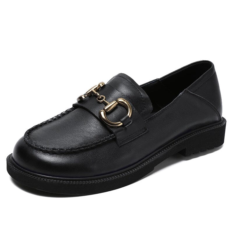 Women Retro Solid Leather Buckle Loafers Feb 2023 New Arrival Black 35 